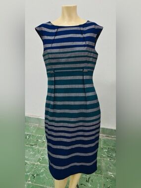 Calvin Klein Teal, Navy & Gray Striped Midi Sheath Dress